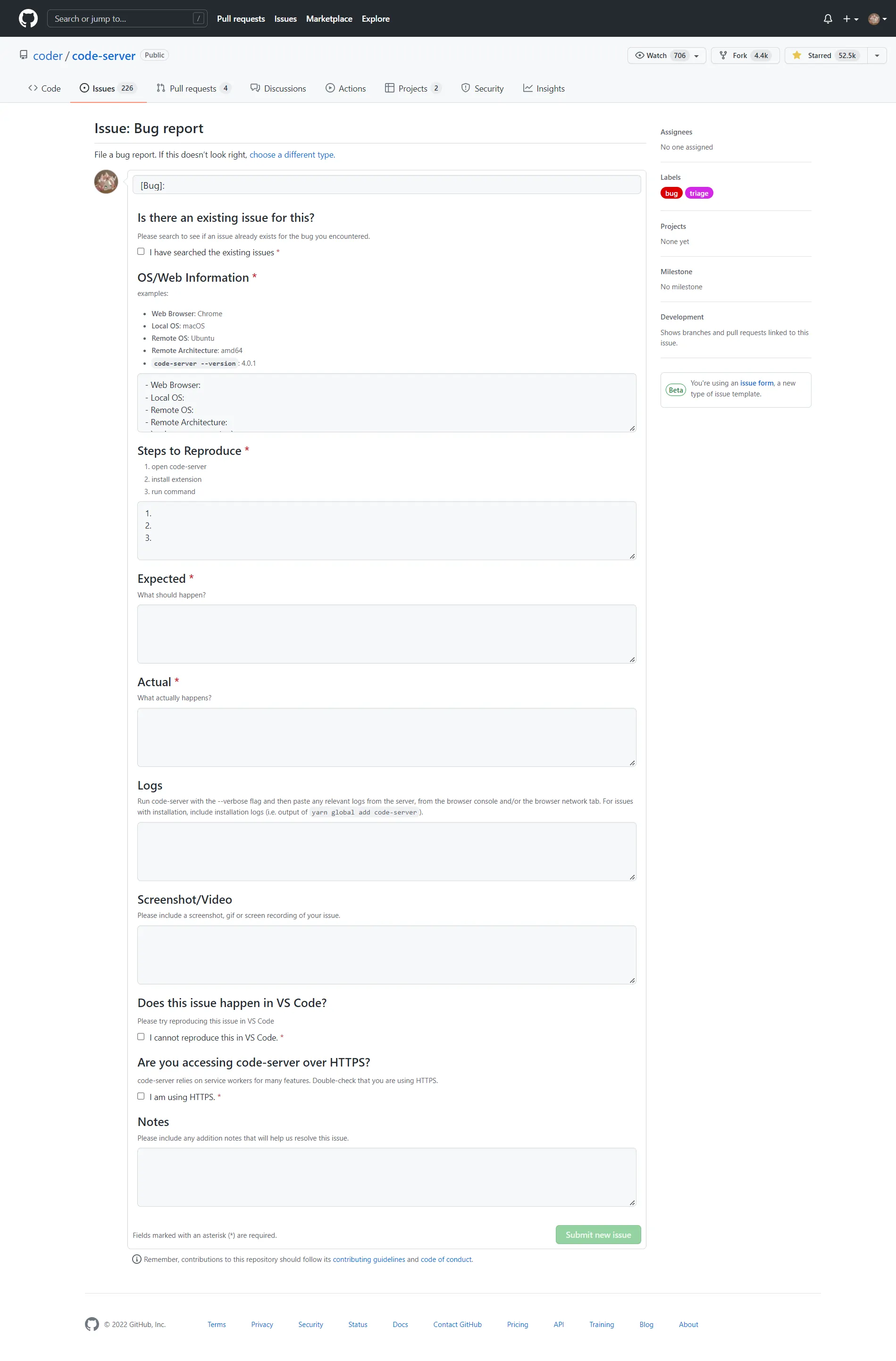 GitHub bug report template form